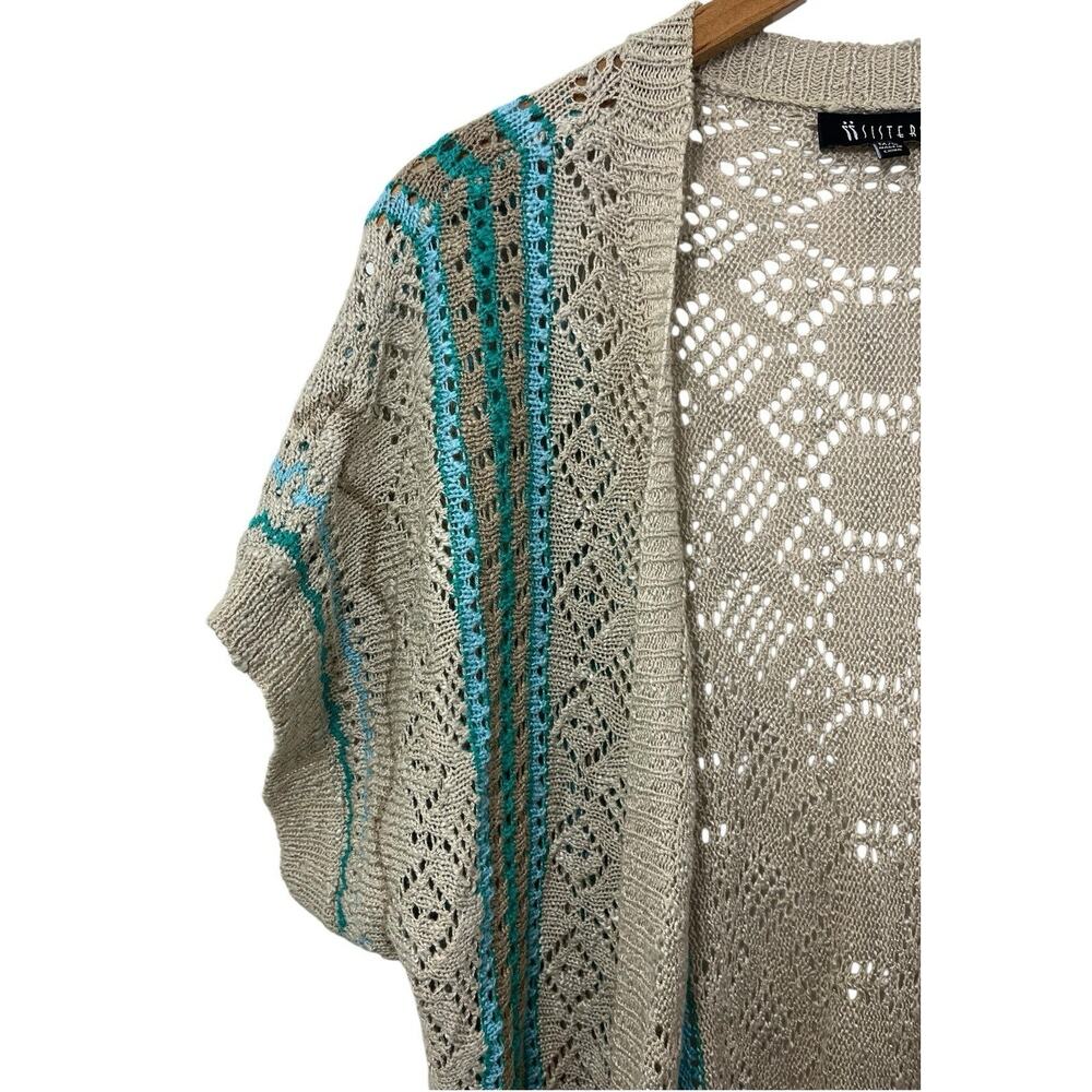Crochet Duster Cardigan Festival Large Beige Hippie Short Sleeve Boho Lagenlook - Picture 3 of 8